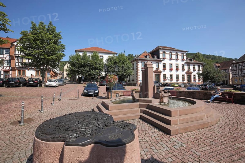 Obermarkt with fountain and historical 3D model, miniature of Gelnhausen, Hesse, Germany, Europe