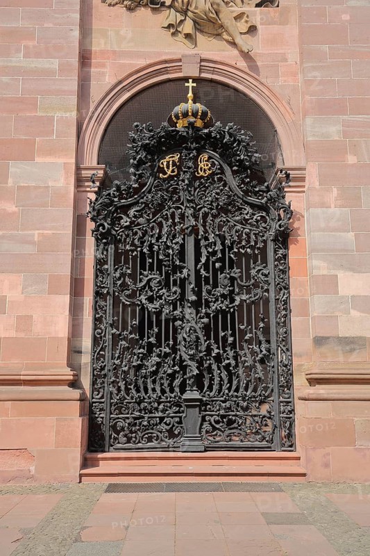 Ornate iron church door, arts and crafts, metal, Jesuit Church, Mannheim, Hesse, Germany, Europe