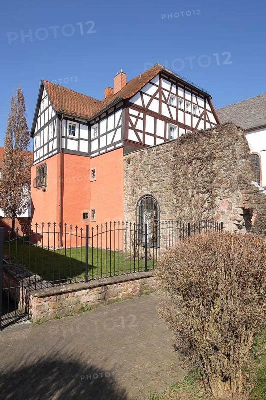 Half-timbered house with historic town wall, Bad Soden, Bad Soden-Salmünster, Spessart, Hesse, Germany, Europe
