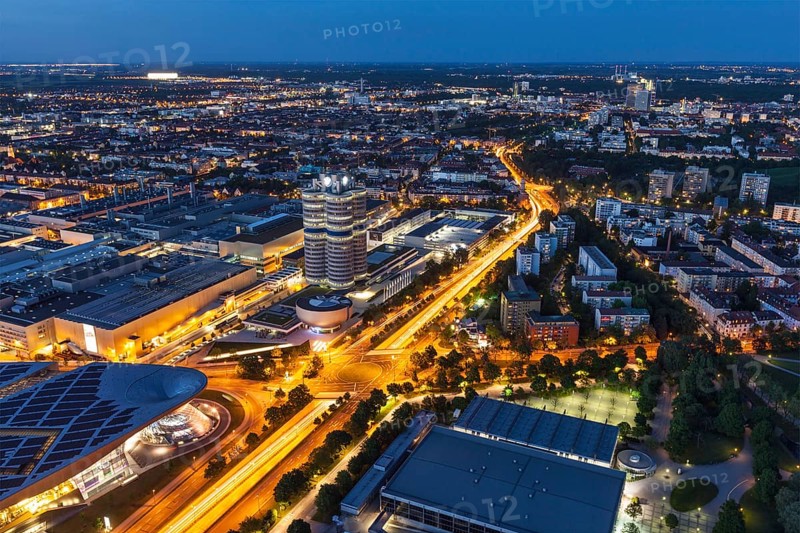 MUNICH, GERMANY, MAY 11: Aerial view of BMW Museum & BWM Welt & factory from Olympic Tower in the evening on May 11, 2012 in Munich, Bavaria, Germany. BMW is famous German luxury car automaker