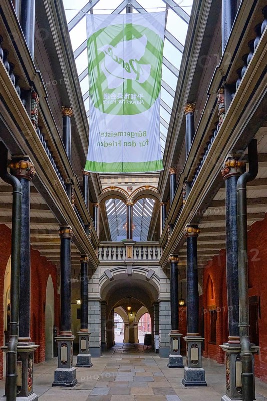 Inner courtyard of the town hall with wooden gallery on 14 columns from the Baroque period, 4 March 2022, Hanseatic City of Stralsund, Mecklenburg, Western Pomerania
