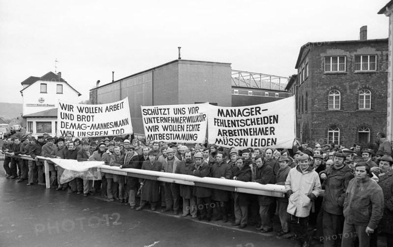 The workers defended themselves against the threat of closure of their Stuebbe-Demag factory by occupying their Mannesmann plant, here on 4 March 1975, in Kalldorf, Germany, Europe