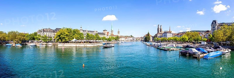 Zurich Skyline City on the River Limmat Panorama in Zurich, Switzerland, Europe