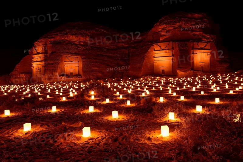 Illuminated Nabataean tombs at night, Hegra or Mada'in Salih, AlUla region, Medina province, Saudi Arabia, Arabian Peninsula, Asia