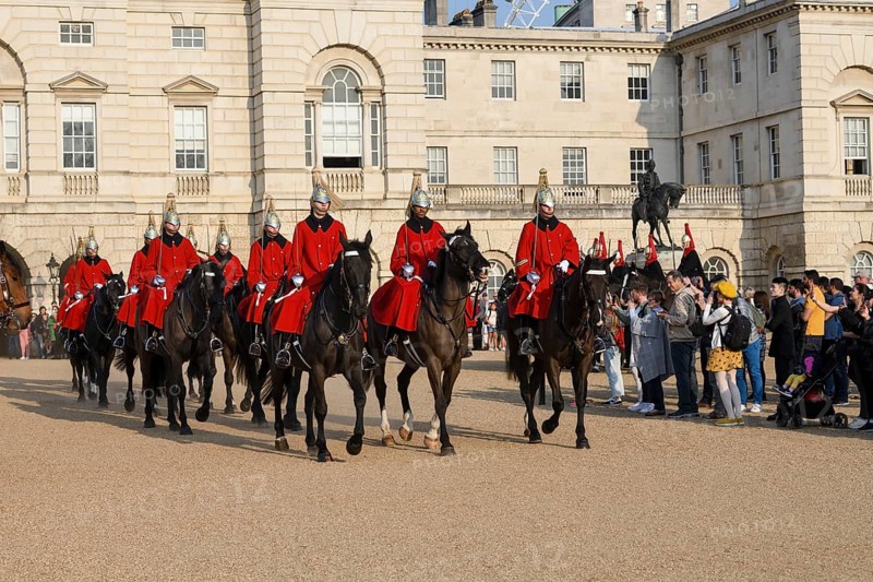 Parade of Horse Guards, soldiers of the Household Cavalry Mounted Regiment, White Hall, Westminster, London, England, Great Britain