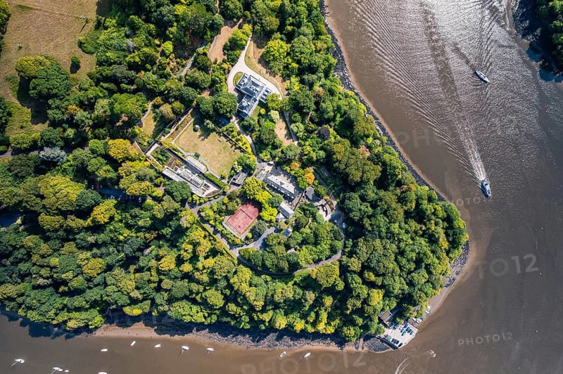 Top Down view of Greenway and River Dart from a drone, Devon, England, United Kingdom, Europe