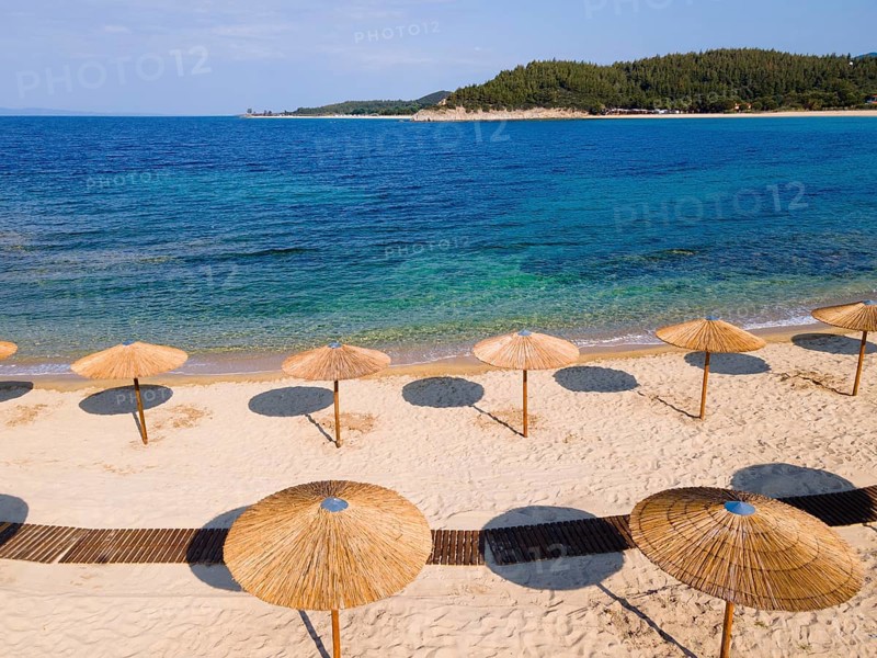 Aerial view, sunshades, Ema beach, Toroni, Torone, Sithonia, Chalkidiki, Central Macedonia, Greece, Europe
