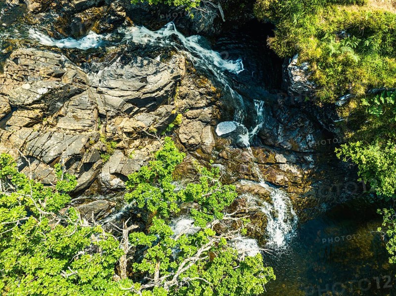 Top Down view of Eas Fors Waterfall from a drone, Isle of Mull, Scottish Inner Hebrides, Scotland, UK