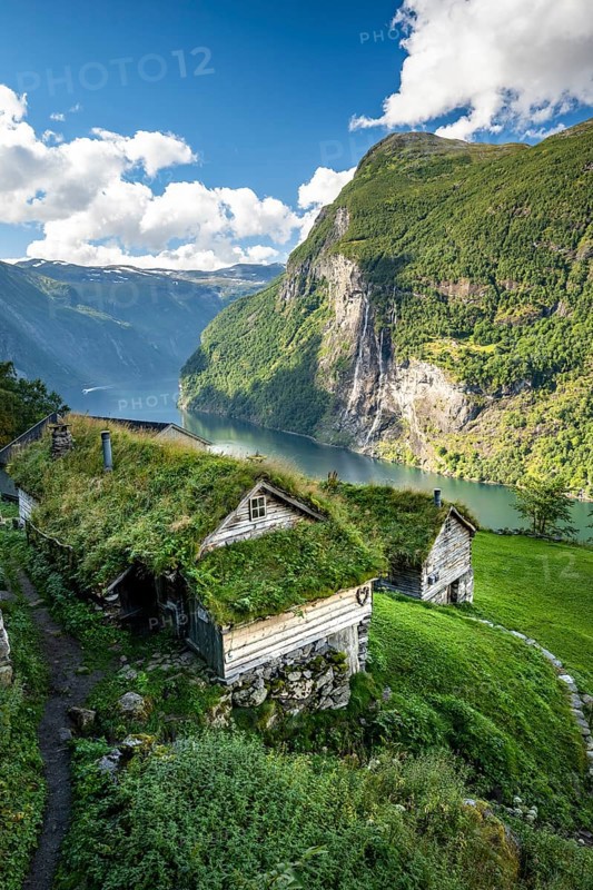 Old farm buildings Skageflå and Geirangerfjord, near Geiranger, Møre og Romsdal, Norway, Europe