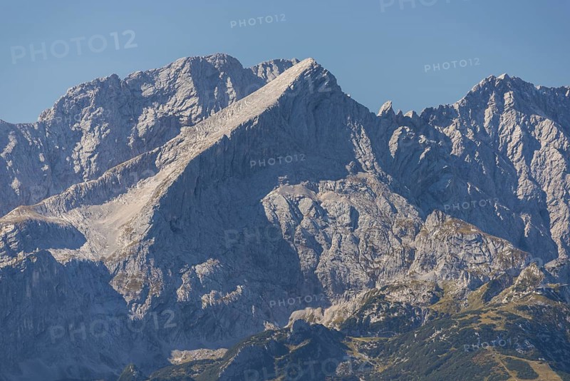 Panorama from Wank, 1780m, onto the Wetterstein Mountains with Alpspitze, 2628m, Werdenfelser Land, Upper Bavaria, Bavaria, Germany, Europe