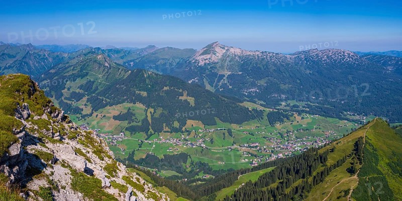 Panorama from the Walser Hammerspitze, 2170m, into Kleinwalsertal, Allgäu Alps, Vorarlberg, Austria, Europe