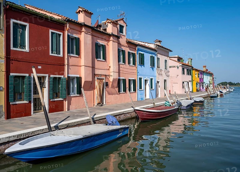 Colourful houses on the canal, canal with boats and colourful house facades, Burano Island, Venice, Veneto, Italy, Europe