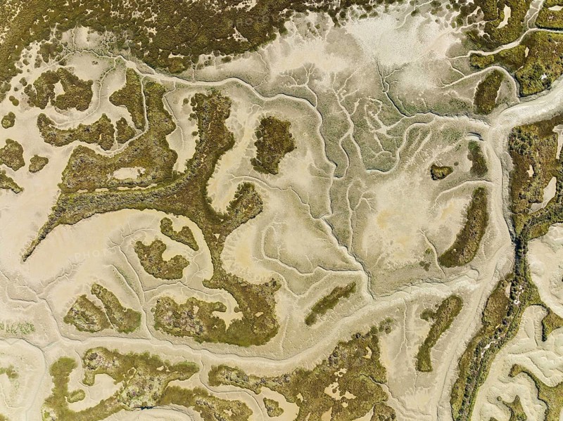 Network of dry channels and streams at low tide, in the marshland of the Bahía de Cádiz, aerial view, drone shot, Cádiz province, Andalusia, Spain, Europe
