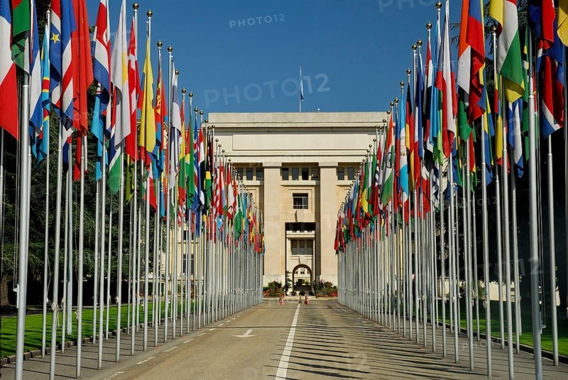 United Nations, UNO, UN, Flag Court, Palais des Nations, Geneva, Canton of Geneva, Switzerland, Europe