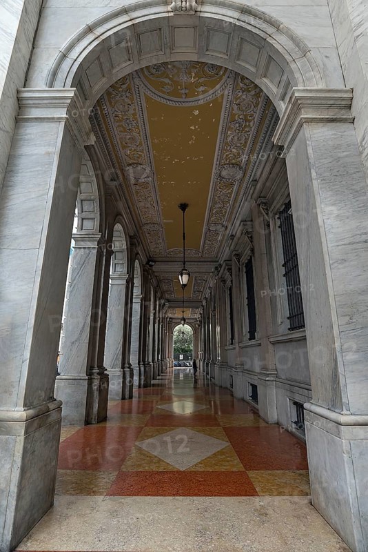 Arcade with fabulous tile floor of the Banca d'Ìtalia, Genoa. Italy