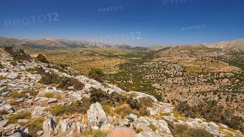 Lassithi plateau, rocks, Machia, view down to the plain, cloudless blue sky, mountains, Lassithi, East Crete, island of Crete, Greece, Europe