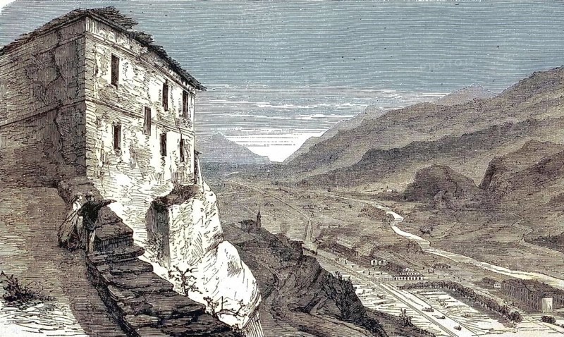 Col du Mont Cenis, view of a railway line of the Mont Cenis Railway, which was in operation from 1868. It served in particular to transport British mail on its way to India. The steam-powered adhesion railway was equipped according to Fell's system, France, Historic, digitally restored reproduction of an original 19th century master, exact original date unknown, Europe