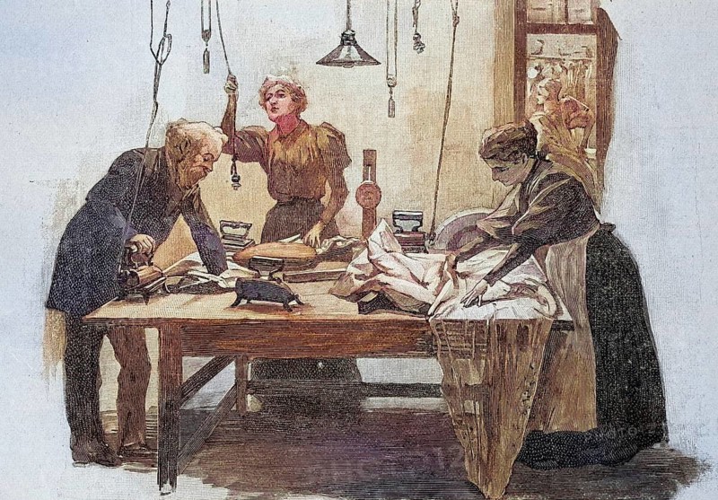 Novelty electric ironing, here in the tailor's studio of the royal theatre in Berlin, 1888, Germany, Historical, digitally restored reproduction of an original 19th century pattern, exact original date unknown, Europe