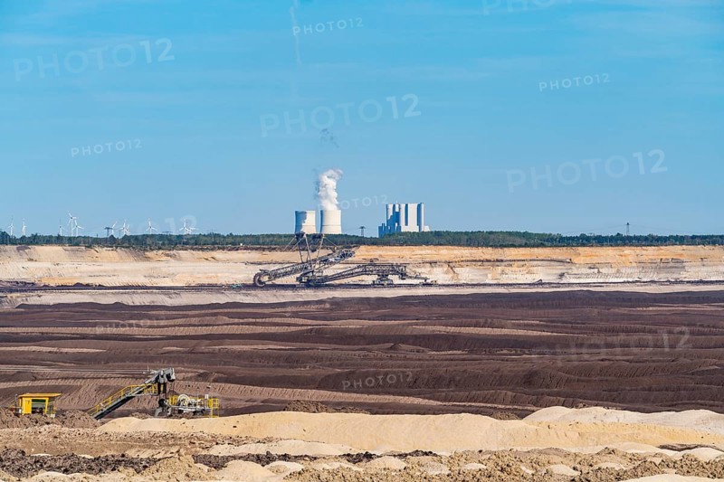 Spoil heaps in the Welzow-Süd opencast lignite mine, with the Schwarze Pumpe power plant in the background, Niederlausitz, Spree-Neiße, Brandenburg, Germany, Europe