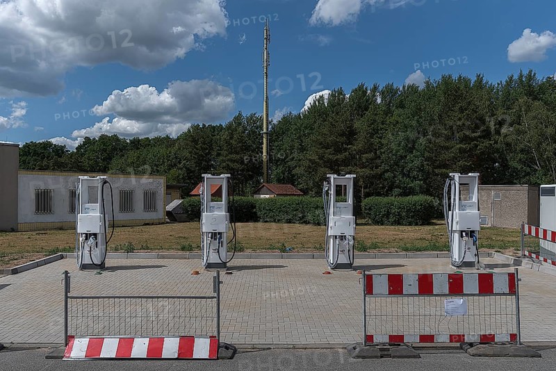 Four newly installed charging stations for electric cars at a rest area on the A 20 Berlin-Hamburg motorway, Mecklenburg-Western Pomerania, Germany, Europe
