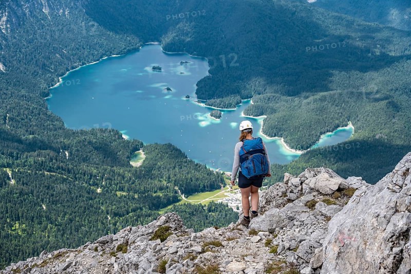 Mountaineer at Waxenstein, Eibsee lake, Wetterstein Mountains, Garmisch-Patenkirchen, Bavaria, Germany, Europe