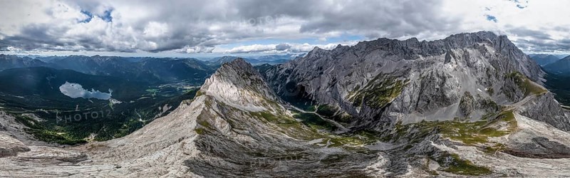 Aerial view, Waxenstein, Eibsee lake, Höllental and Wetterstein Mountains, Garmisch-Patenkirchen, Bavaria, Germany, Europe