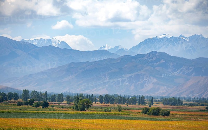 View over fields in the Chüi valley and the mountains of the Kirghiz Ala Too range, near Tokmok, Chuy, Kyrgyzstan, Asia