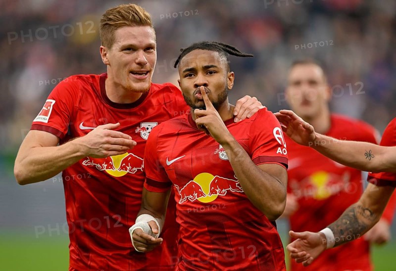 Goal celebration, gesture, gesture, still, Christopher Nkunku (18) RasenBallsport Leipzig RBL, with Marcel Halstenberg (23) RasenBallsport Leipzig RBL, PreZero Arena, Sinsheim, Baden-Württemberg, Germany, Europe