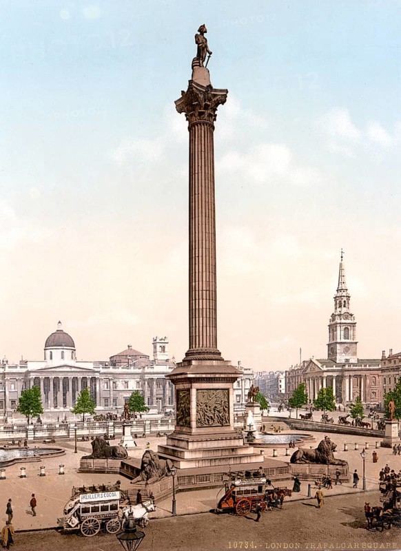 Trafalgar Square and National Gallery, London, ca 1895, England, Historic, digitally restored reproduction from a 19th century original, Historic, digitally restored reproduction from a 19th century original