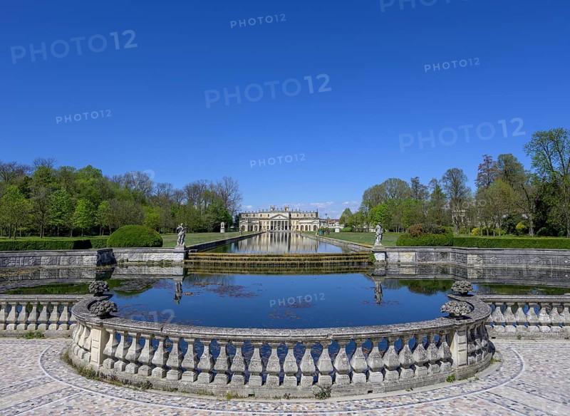 View over the reflection pool to the riding stable, Villa Pisani, Stra, Province of Venice, Italy, Europe