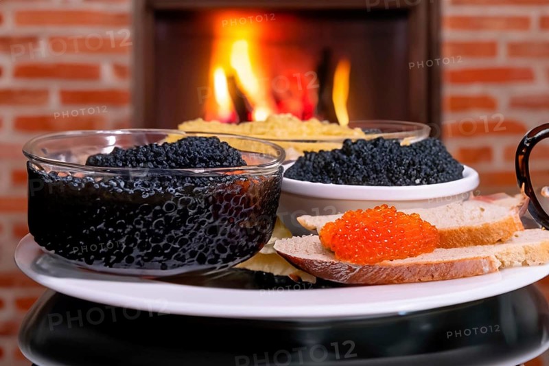 Different kinds of caviar with bread and beverages, AI generated