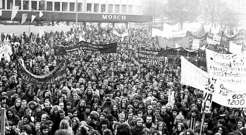 More than 10, 000 students demonstrated in Düsseldorf on 7 November 1974 for more Bafoeg and against the consequences of inflation, Germany, Europe