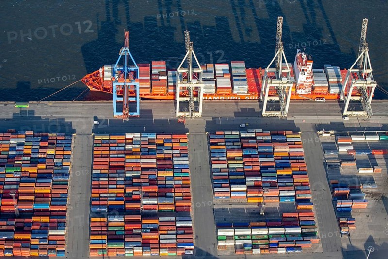 Aerial view of the container ship of the shipping company Hamburg Süd the Santa Teresa at the terminal Burchardkai, Hamburg, Germany, Europe