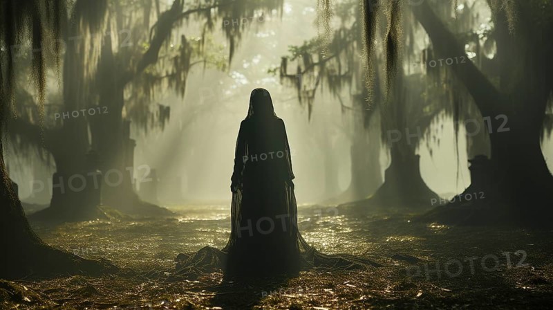 Ghostly female figure silhouette standing or walking amidst the spooky halloween fog outside, generative AI