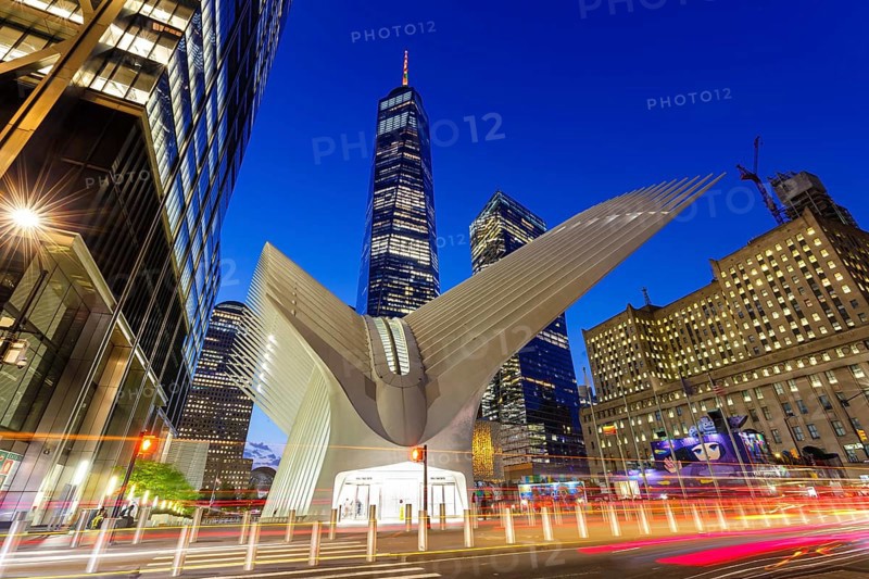 One World Trade Centre WTC with Oculus station modern architecture by Santiago Calatrava in Manhattan New York, USA, North America