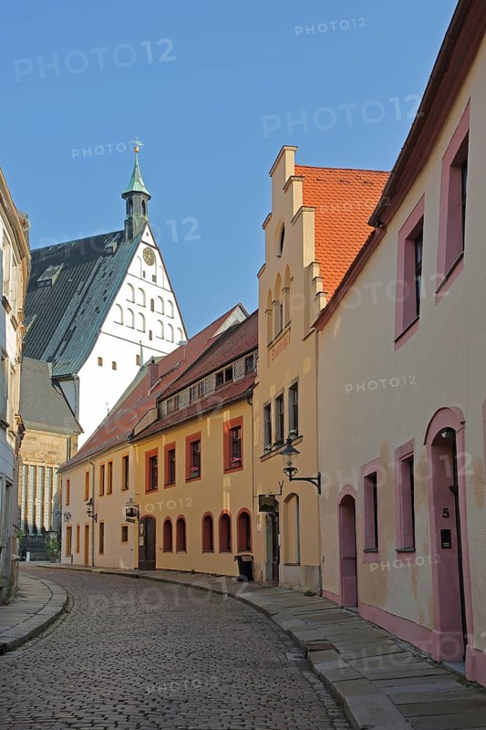 Houses in Kreuzgasse and gable with spire from the Romanesque Cathedral of St. Mary, Freiberg, Saxony, Germany, Europe