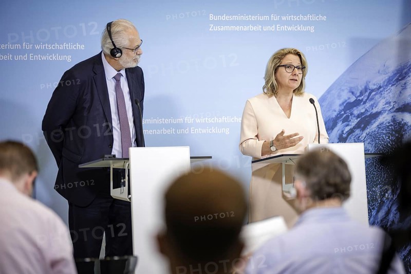 Together for ecological change and social justice with Svenja Schulze, Federal Minister for Economic Cooperation and Development, and Roberto Jaguaribe, Ambassador of Brazil and spokesperson for Latin American countries in Berlin. Berlin, 12.07.2023., Berlin, Germany (R-L) Press conference on prospects with Latin America and the Caribbean