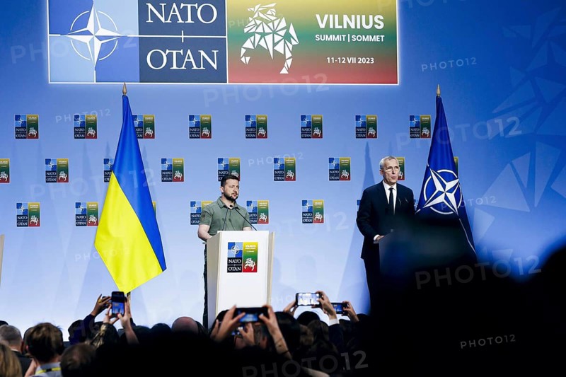 Ukrainian President Volodomyr Zelensky and NATO Secretary General Jens Stoltenberg, pictured at a joint press conference at the NATO Summit in Vilnius, Lithuania. Vilnius, 12.07.2023., Vilnius, Lithuania, Europe