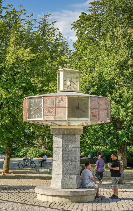 World Time Clock, Karlsplatz, Bernburg, Salzlandkreis, Saxony-Anhalt, Germany, Europe