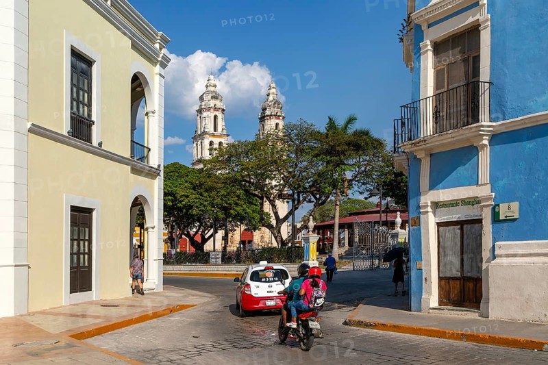 View to cathedral church framed by Spanish colonial buildings, Campeche city, Campeche State, Mexico, Central America