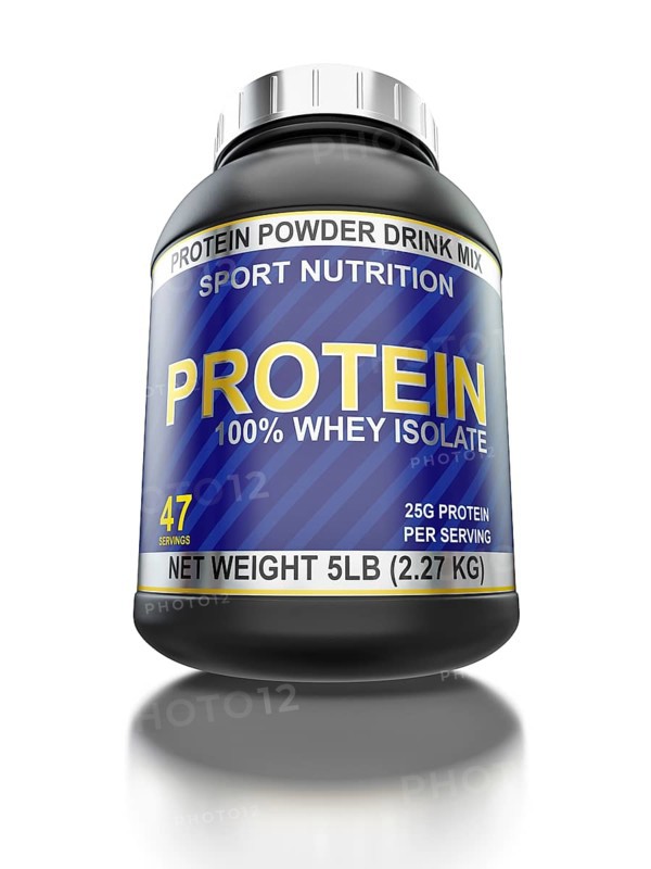 Sport nutrition, bodybuilding supplements, diet concept, whey isolate protein jar with isolated on white background with reflection. Low viewpoint wide angle