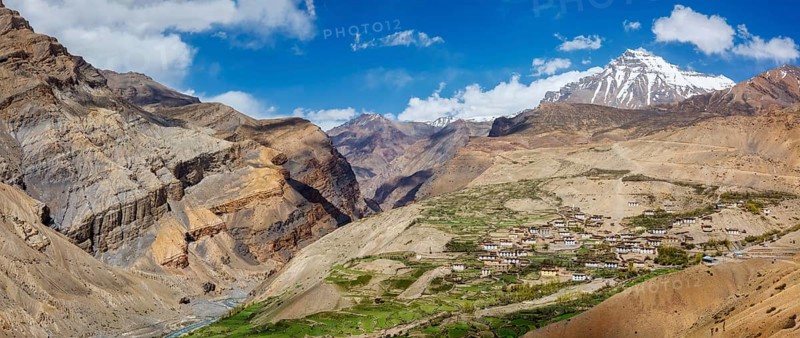 Panorama of Spiti valley and Kibber village in Himalayas. Spiti Valley, Himachal Pradesh, India, Asia