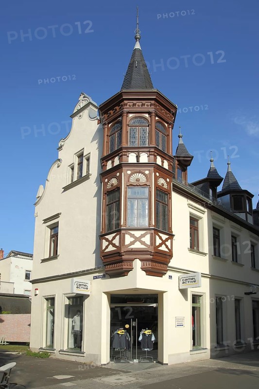Villa with turret on the corner at the market place in Bad Kissingen, Rhön, Lower Franconia, Franconia, Bavaria, Germany, Europe