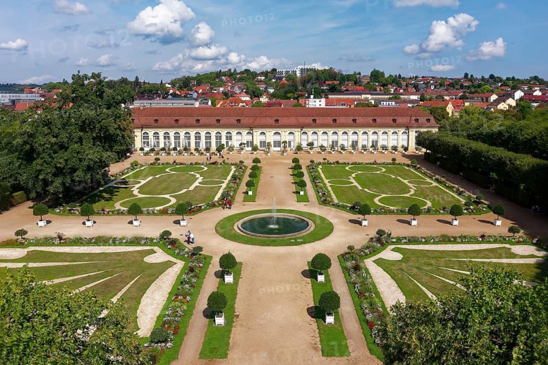 Aerial view, Margravial Court Garden Ansbach with orangery, built 1726-1744, Baroque, park, garden, palace garden, Ansbach, Middle Franconia, Franconia, Bavaria, Germany, Europe