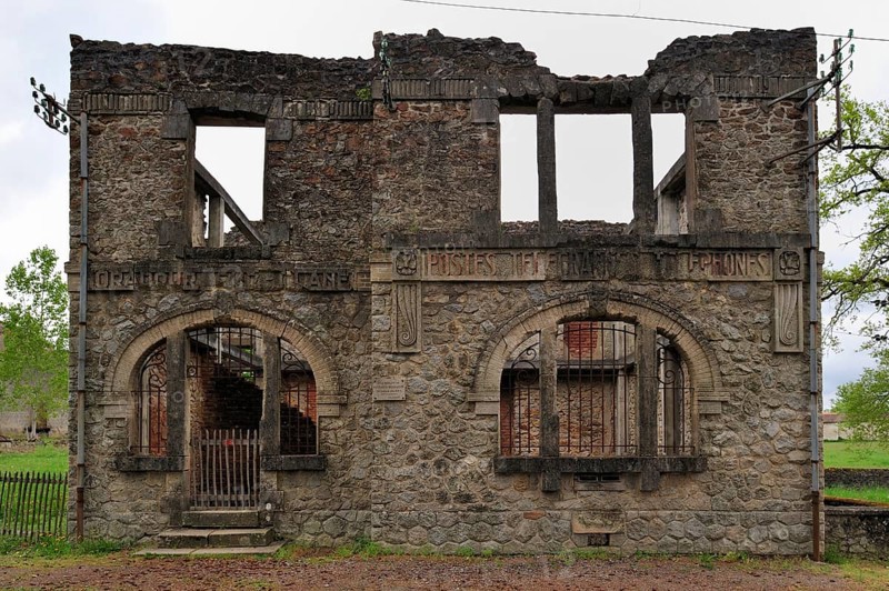 The burnt-out post office. The burnt village of Oradour-sur-Glane was destroyed on 10 June 1944 when 642 of its inhabitants, including woman and children, were massacred by a German Waffen SS company, Limousin, France, Europe