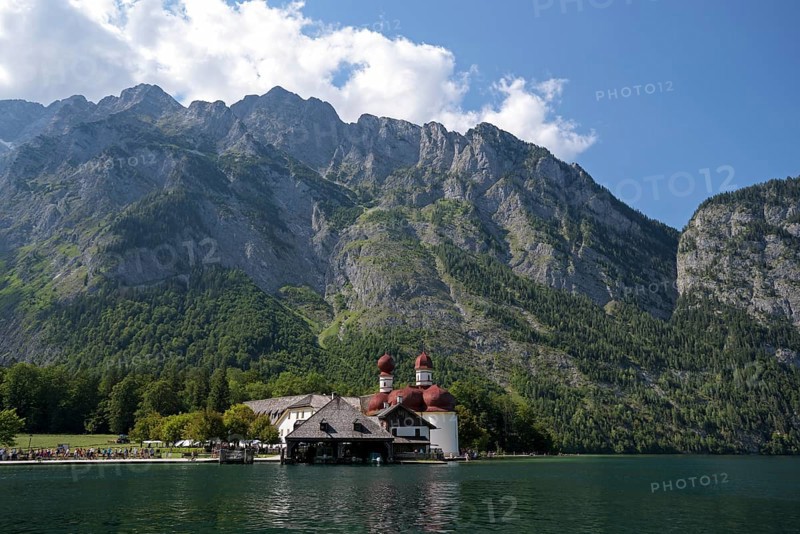 Königssee, Wallfahtskirche St. Bartholomä, with Watzmann east face, Schönau, Königssee, Berchtesgaden National Park, Berchtesgadener Land, Bavaria, Germany, Europe