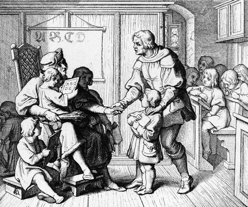 Martin Luther being led to school, Germany, room, teacher, children, school desk, sitting, father, 15th century, historical illustration c. 1860, Europe