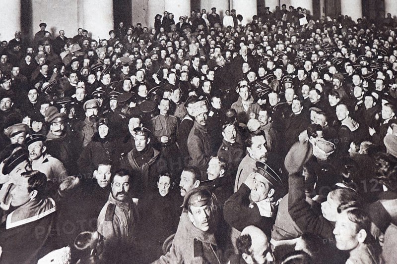 Soldiers and sailors attending a meeting in the Tauride palace, Saint Petersburg, 1917, Russia, Europe