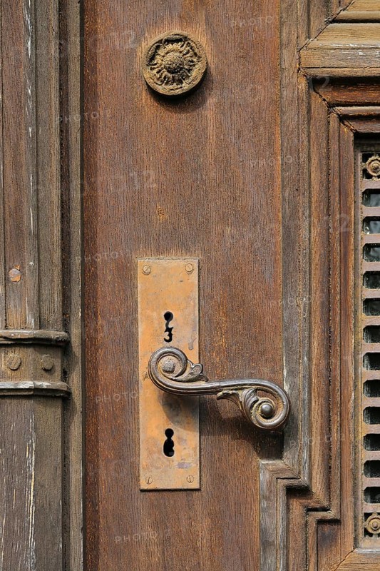 Dotternhausen Castle, Cotta's Castle, Dotternhausen Castle, historical building, aristocratic residence, architecture, detail, ornate wooden door, entrance to house door, door handle, door handle, old handle, Dotternhausen, Zollernalbkreis, Baden-Württemberg, Germany, Europe