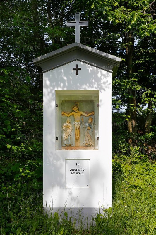 Way of the Cross, Jesus dies on the cross at the Chapel of the Cross, 12th station, Christ on the cross, Christian depiction, Wiesensteig, Filstal, Baden-Württemberg, Germany, Europe